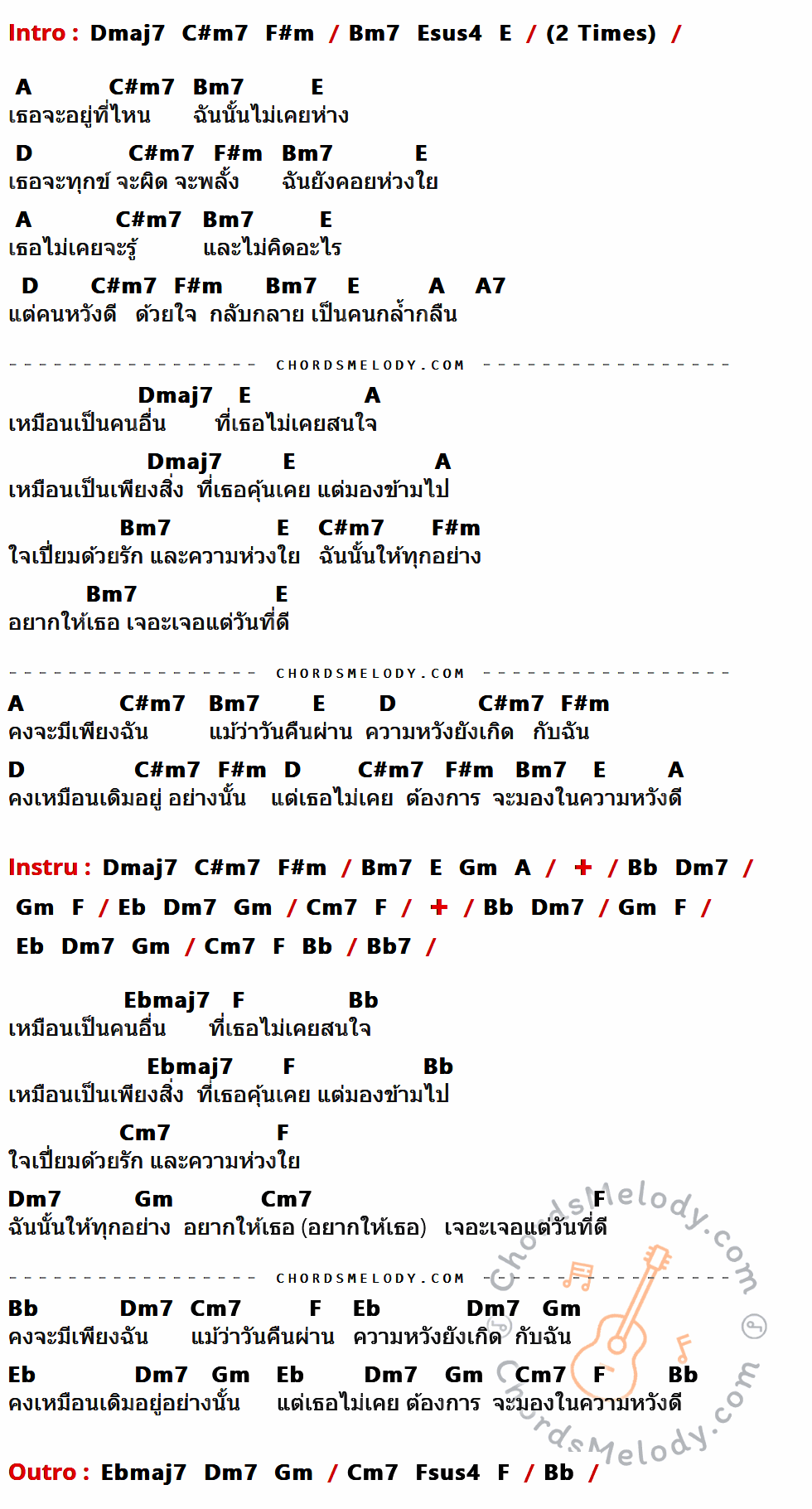 เนื้อเพลง เหมือนเป็นคนอื่น ของ Bird ธงไชย ที่มีคอร์ด ในกลุ่มคีย์ Dmaj7,C#m7,F#m,Bm7,Esus4,E,A,D,A7,Gm,Bb,Dm7,F,Eb,Cm7,Bb7,Ebmaj7,Fsus4 ประกอบ