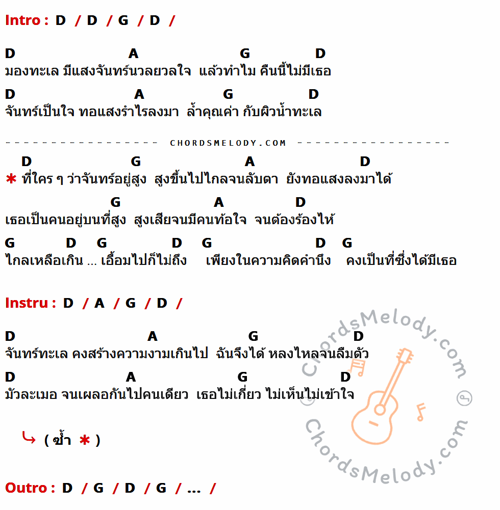 เนื้อเพลง เอื้อมไม่ถึง ของ นครินทร์ กิ่งศักดิ์ (ป้าง) ที่มีคอร์ด ในกลุ่มคีย์ D,G,A ประกอบ