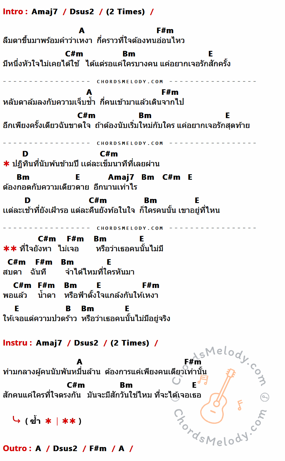 เนื้อเพลง หาไม่เจอหรือเธอไม่มี ของ Am Fine ที่มีคอร์ดกีต้าร์ Amaj7,Dsus2,A,F#m,C#m,Bm,E,D,B