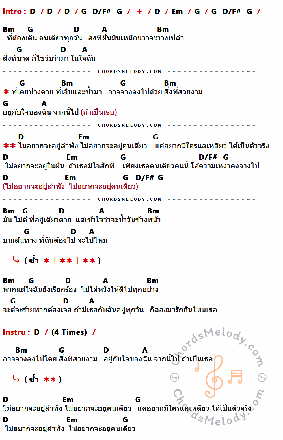เนื้อเพลง ลำพัง ของ Burn ที่มีคอร์ด ในกลุ่มคีย์ D,G,D/F#,Em,Bm,A ประกอบ