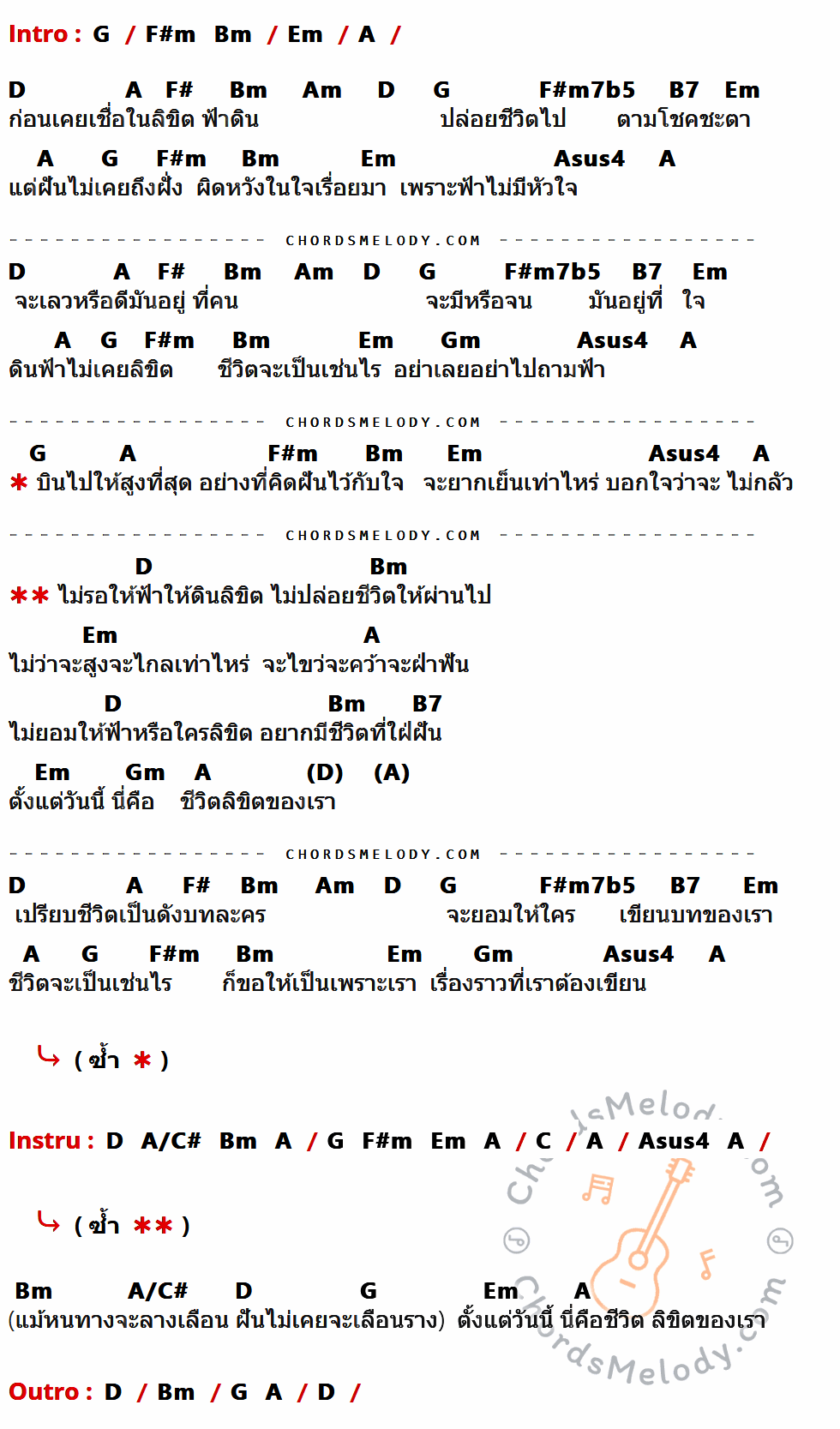 เนื้อเพลง ชีวิตลิขิตเอง ของ Bird ธงไชย ที่มีคอร์ด ในกลุ่มคีย์ G,F#m,Bm,Em,A,D,F#,Am,F#m7b5,B7,Asus4,Gm,A/C#,C ประกอบ