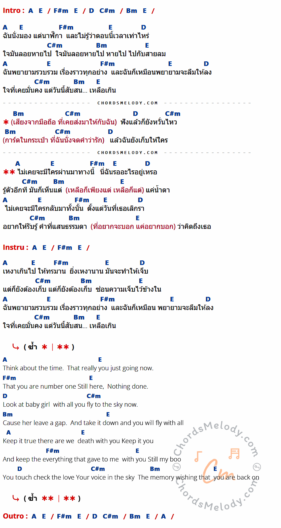 เนื้อเพลง ไม่มีใครผ่านมาทางนี้ (Pause) ของ 3.2.1 ที่มีคอร์ดกีต้าร์ A,E,F#m,D,C#m,Bm