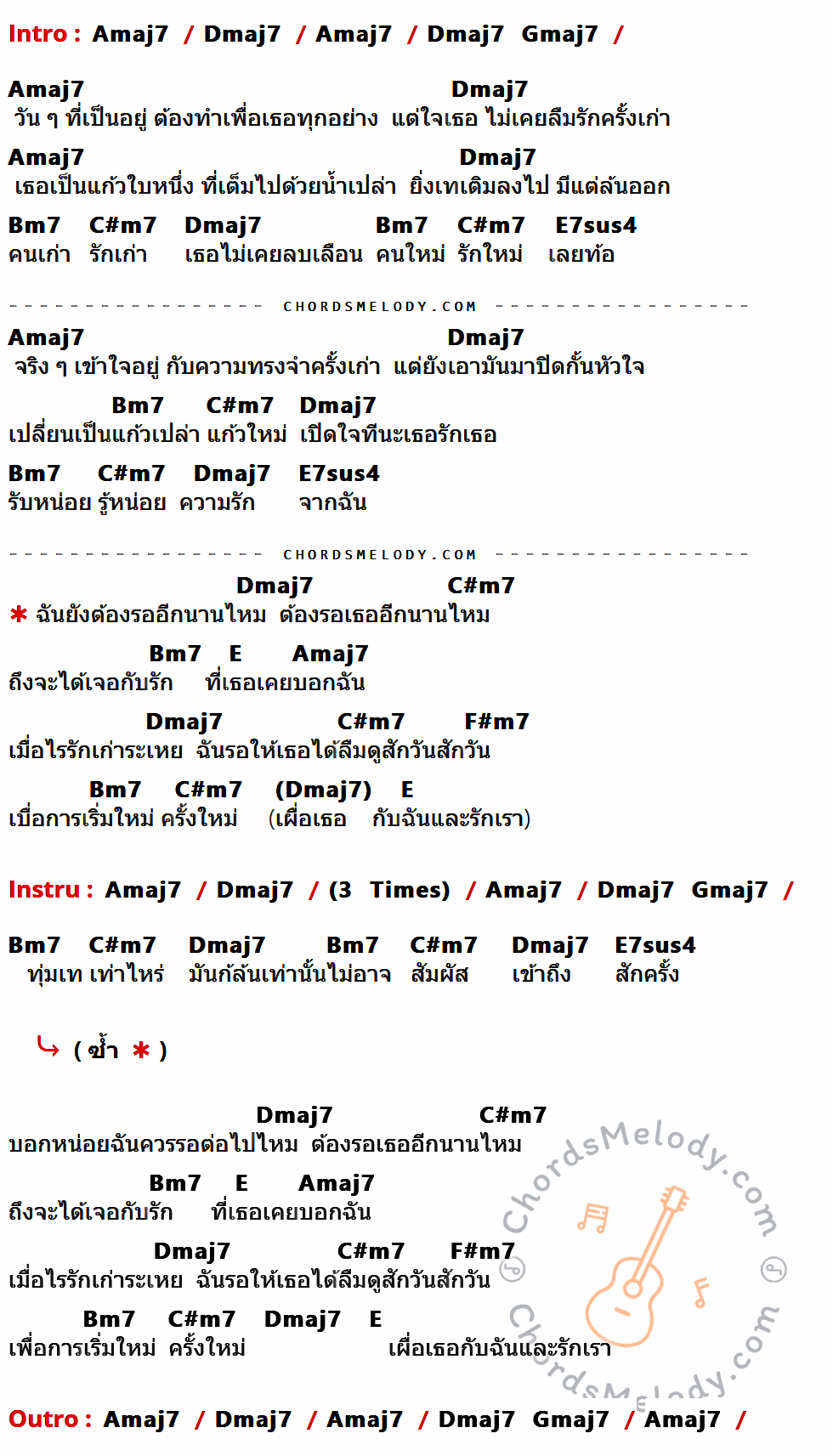 เนื้อเพลง น้ำเต็มแก้ว ของ Calories Blah Blah ที่มีคอร์ด ในกลุ่มคีย์ Amaj7,Dmaj7,Gmaj7,Bm7,C#m7,E7sus4,E,F#m7 ประกอบ
