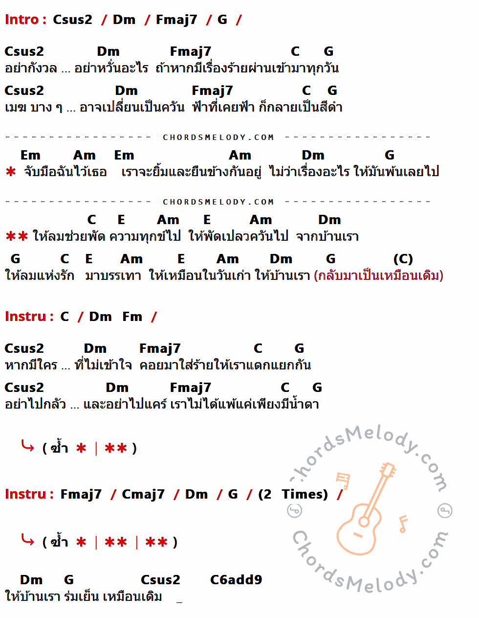 เนื้อเพลง บ้านเรา ของ 25 Hours ที่มีคอร์ด ในกลุ่มคีย์ Csus2,Dm,Fmaj7,G,C,Em,Am,E,Fm,Cmaj7,C6add9 ประกอบ