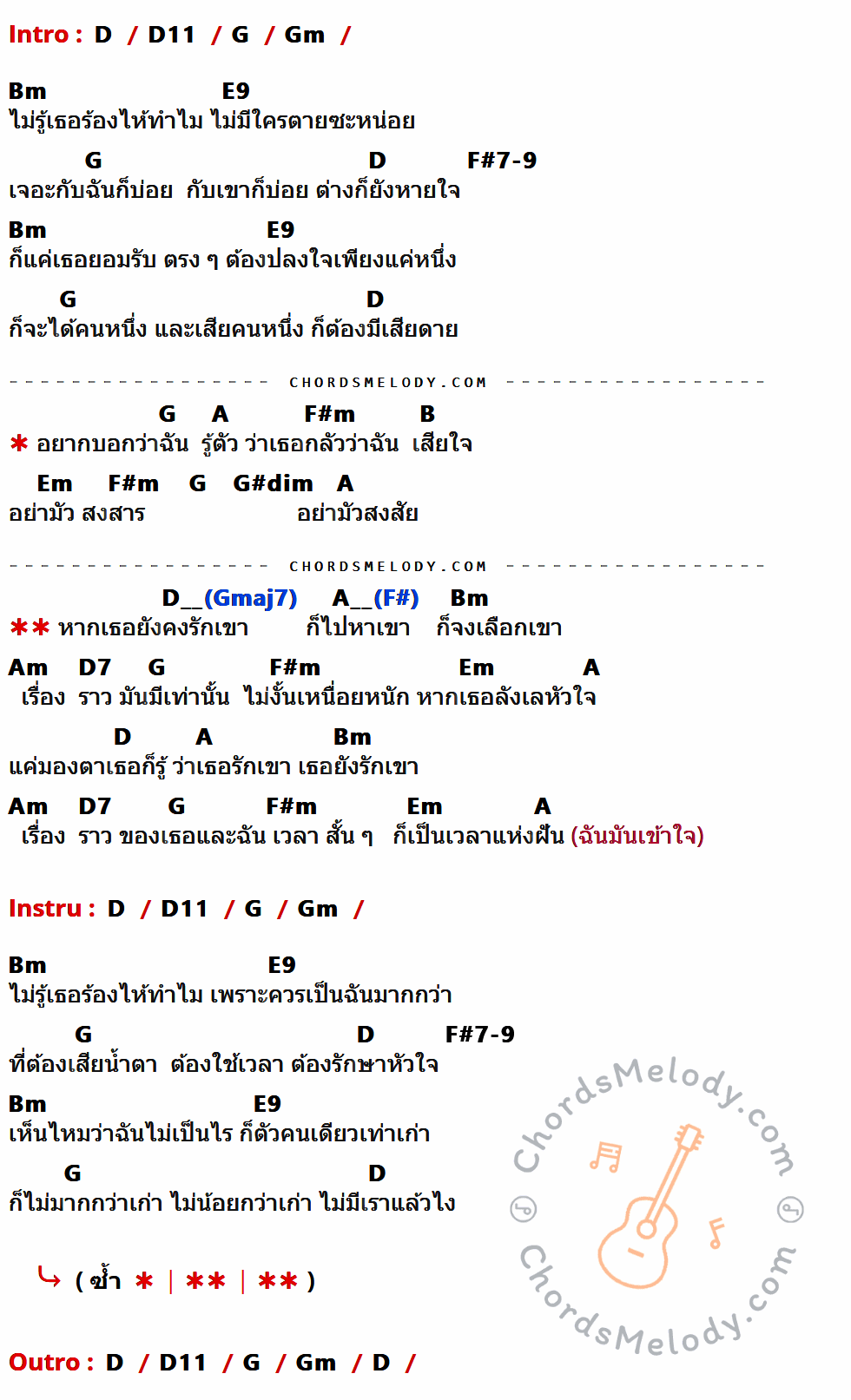 เนื้อเพลง ร้องไห้ทำไม ของ Bird ธงไชย ที่มีคอร์ดกีต้าร์ D,D11,G,Gm,Bm,E9,F#7-9,A,F#m,B,Em,G#dim,Am,D7