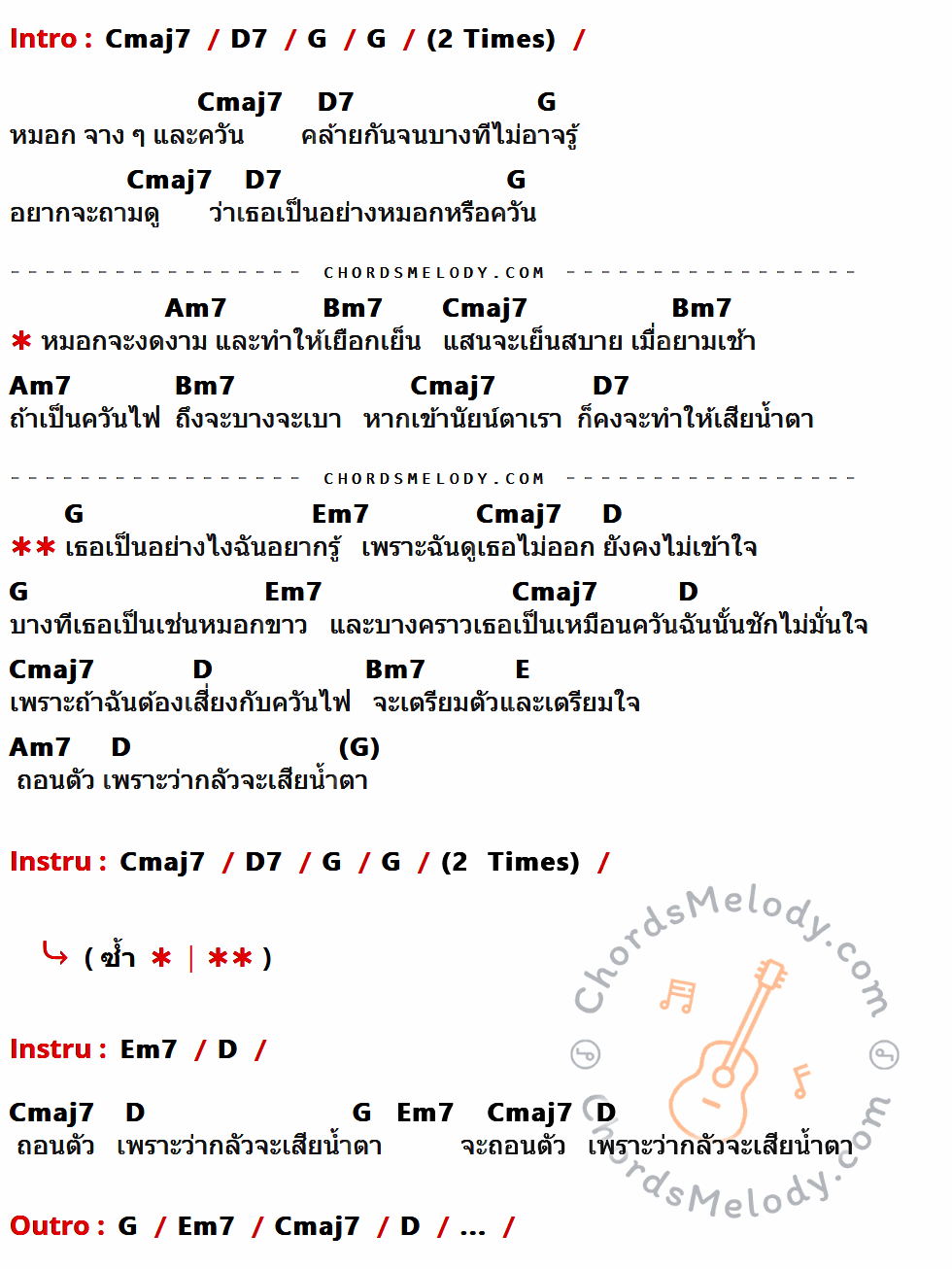 เนื้อเพลง หมอกหรือควัน ของ Bird ธงไชย ที่มีคอร์ดกีต้าร์ Cmaj7,D7,G,Am7,Bm7,Em7,D,E