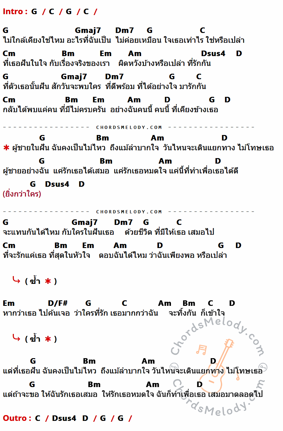 เนื้อเพลง ผู้ชายอย่างฉัน ของ Bird ธงไชย ที่มีคอร์ดกีต้าร์ G,C,Gmaj7,Dm7,Cm,Bm,Em,Am,Dsus4,D,D/F#