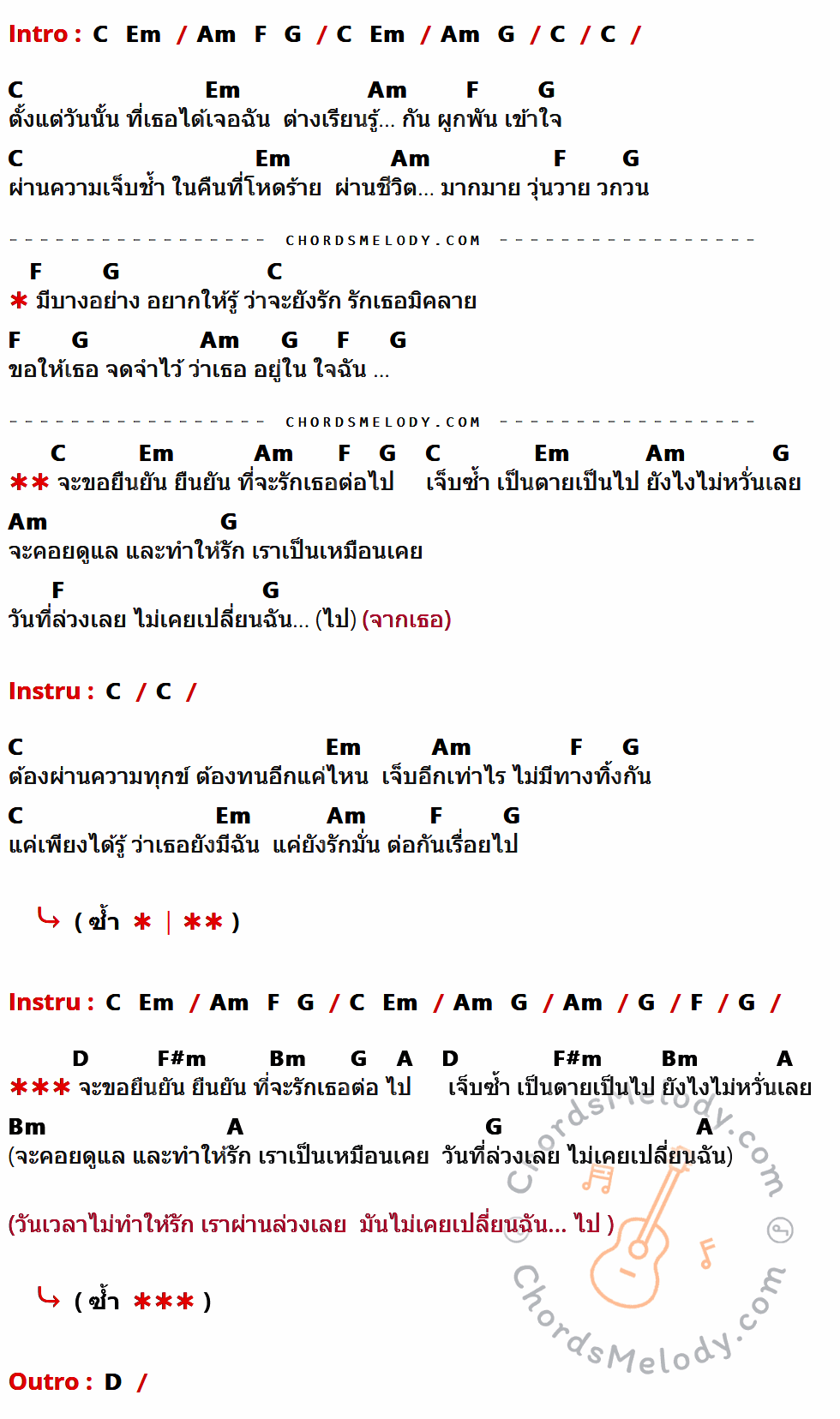 เนื้อเพลง ยืนยัน ของ Black Head ที่มีคอร์ดกีต้าร์ C,Em,Am,F,G,D,F#m,Bm,A