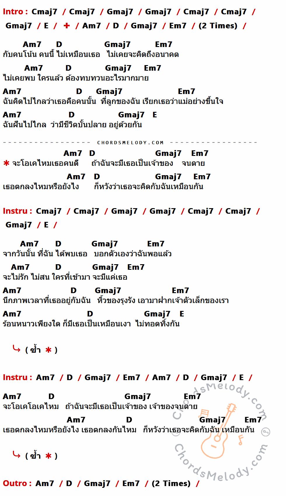 เนื้อเพลง แม่ของลูก ของ Calories Blah Blah ที่มีคอร์ด ในกลุ่มคีย์ Cmaj7,Gmaj7,E,Am7,D,Em7 ประกอบ