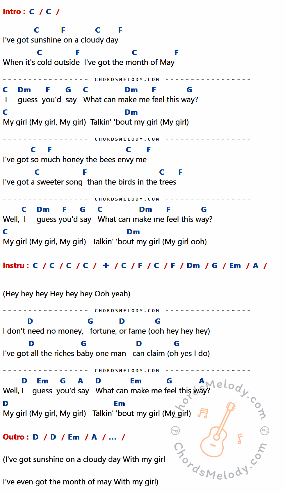 เนื้อเพลง My Girl ของ The Temptations ที่มีคอร์ด ในกลุ่มคีย์ C,F,Dm,G,Em,A,D ประกอบ