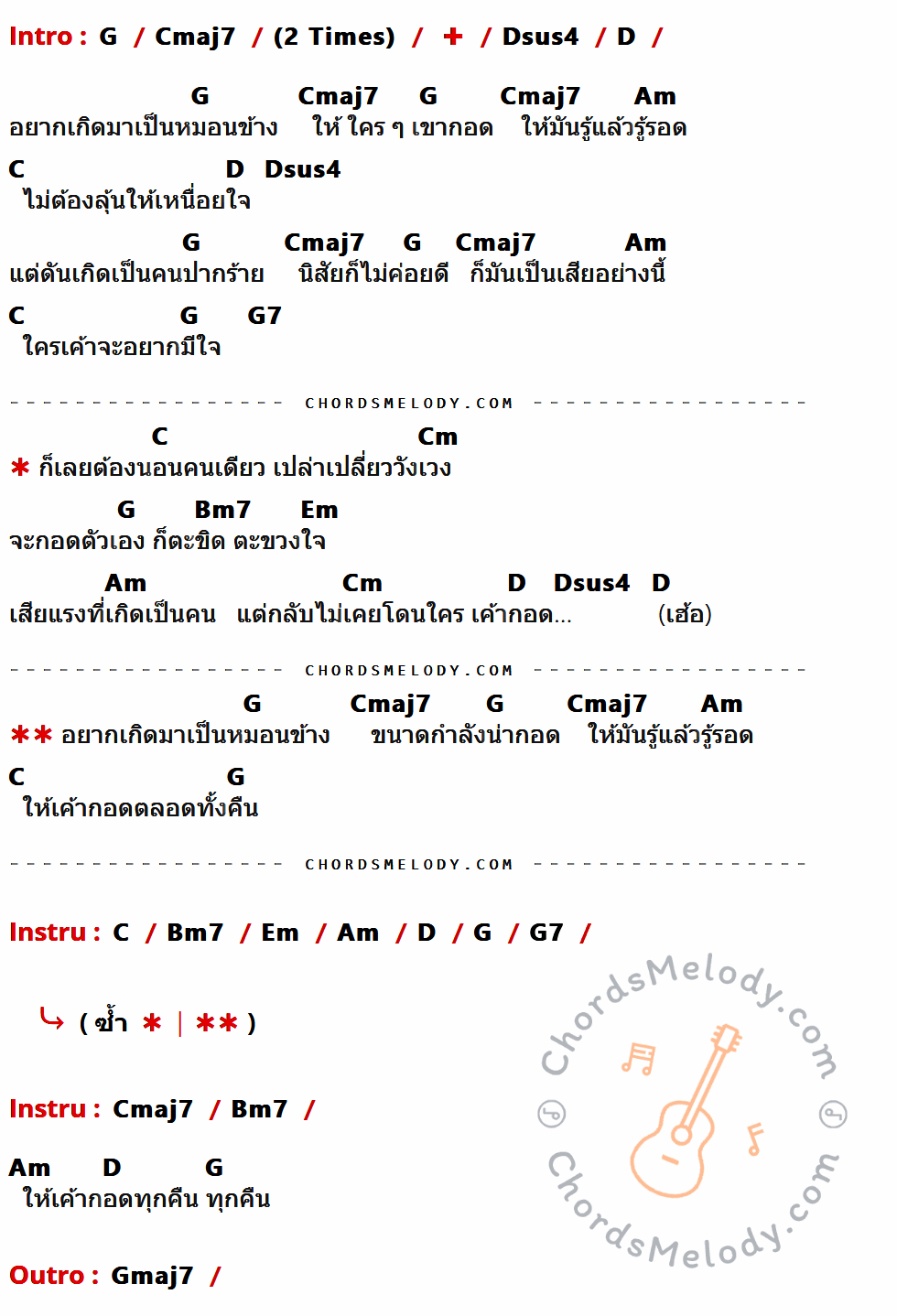 เนื้อเพลง หมอนข้าง ของ อ่ำ อัมรินทร์ ที่มีคอร์ด ในกลุ่มคีย์ G,Cmaj7,Dsus4,D,Am,C,G7,Cm,Bm7,Em,Gmaj7 ประกอบ