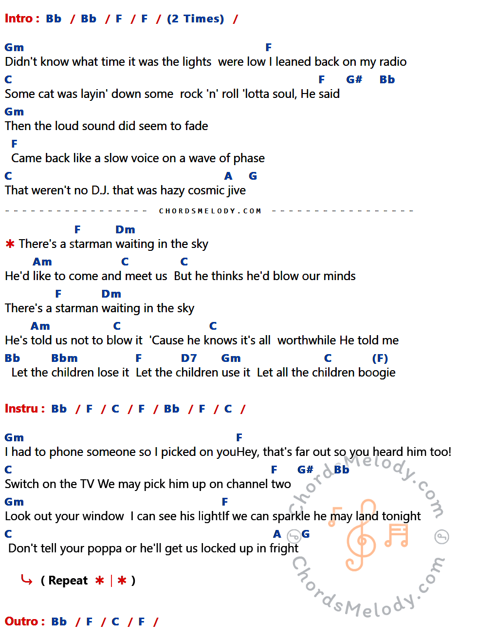 เนื้อเพลง Starman ของ David Bowie ที่มีคอร์ด ในกลุ่มคีย์ Bb,F,Gm,C,G#,A,G,Dm,Am,Bbm,D7 ประกอบ