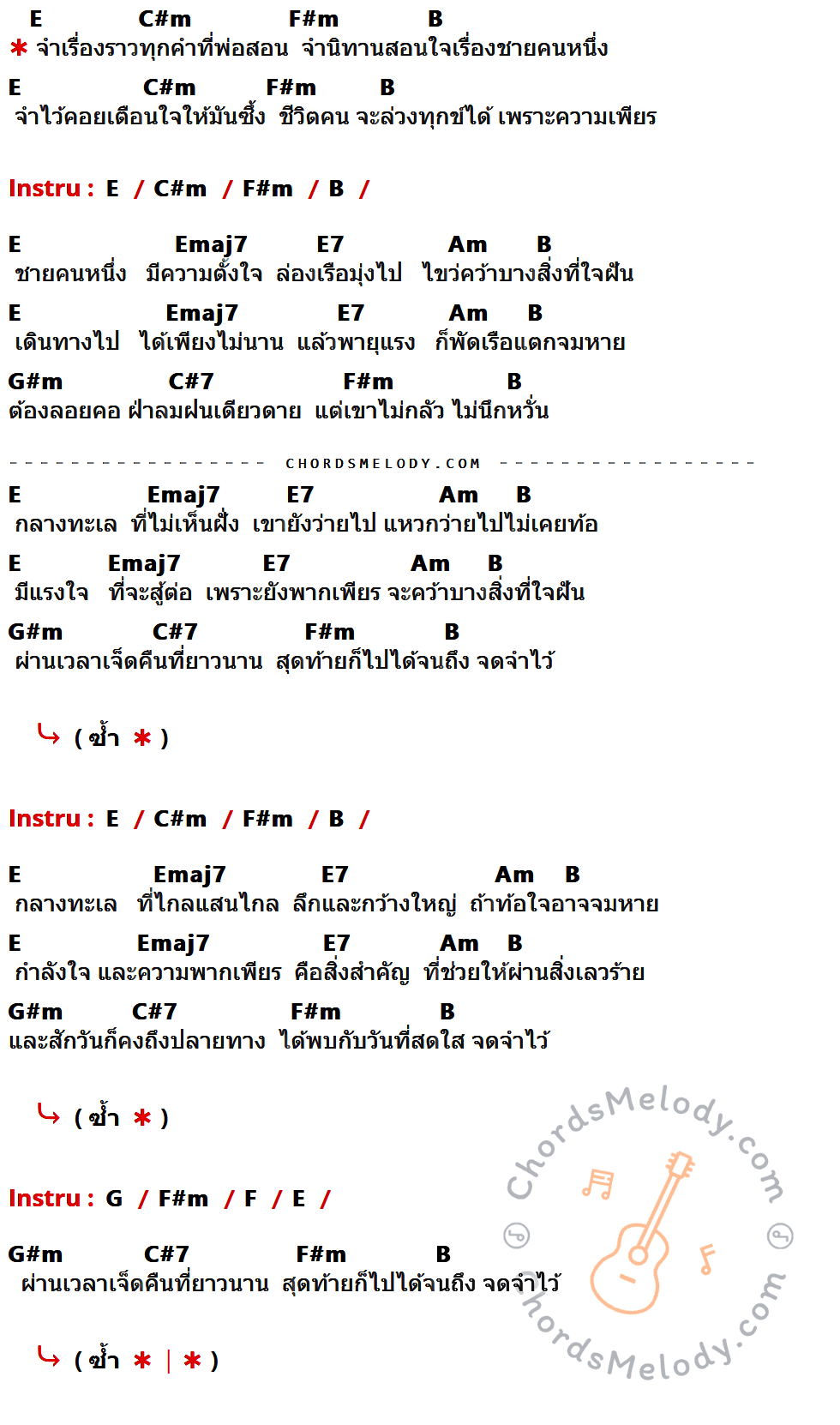 เนื้อเพลง พ่อเล่าให้ฟัง ของ MBO ที่มีคอร์ด ในกลุ่มคีย์ E,C#m,F#m,B,Emaj7,E7,Am,G#m,C#7,G,F ประกอบ