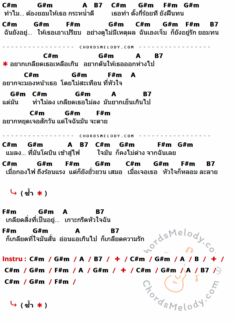 เนื้อเพลง อยากเกลียดเธอ ของ จัสติน ที่มีคอร์ดกีต้าร์ C#m,G#m,A,B7,F#m,B