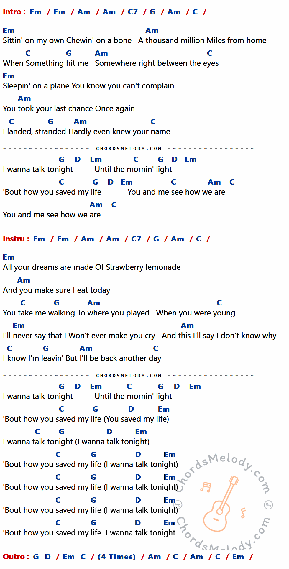 เนื้อเพลง Talk Tonight ของ Oasis ที่มีคอร์ดกีต้าร์ Em,Am,C7,G,C,D