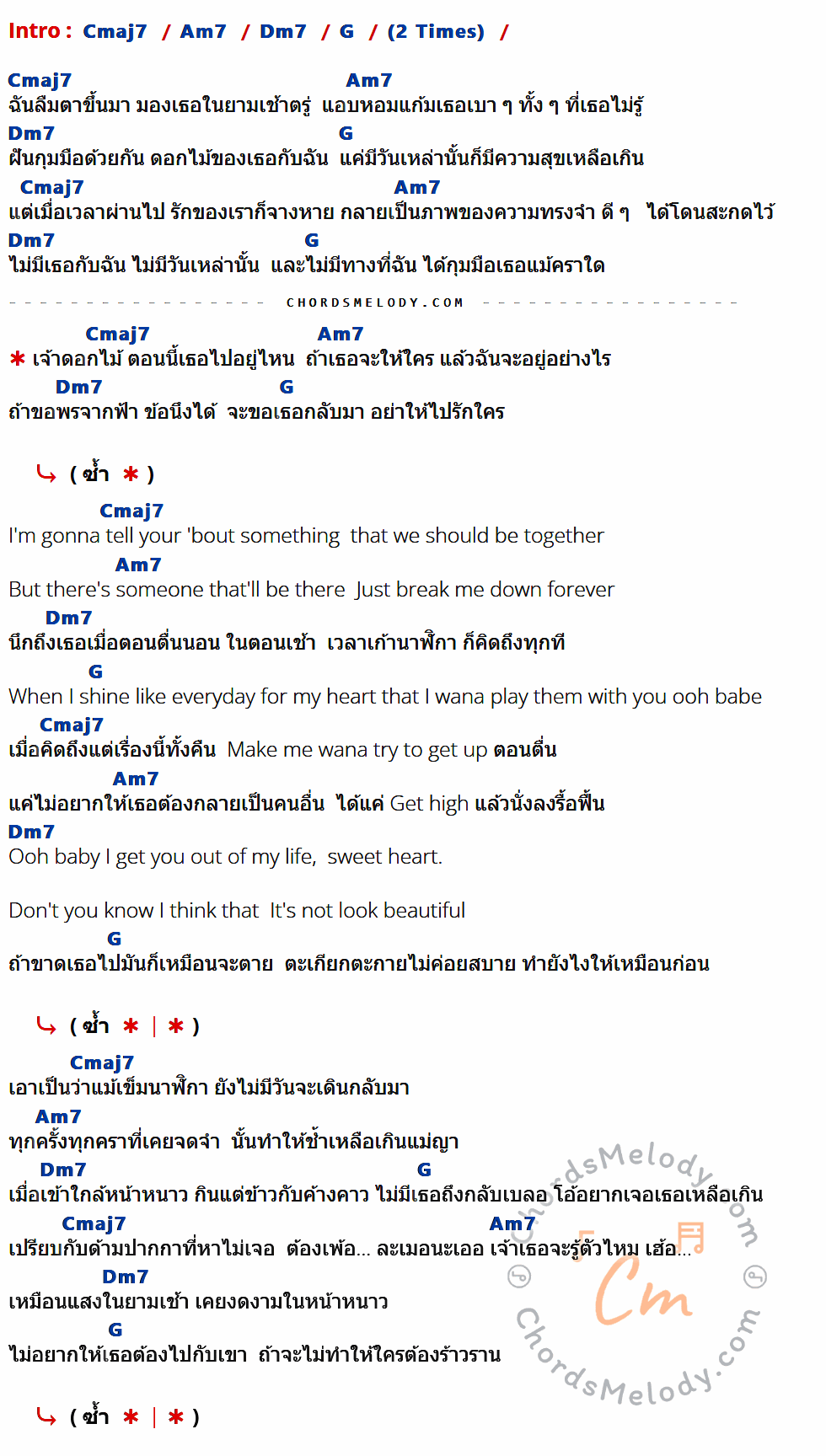 เนื้อเพลง หน้าหนาวที่แล้ว ของ The TOYS ที่มีคอร์ดกีต้าร์ Cmaj7,Am7,Dm7,G