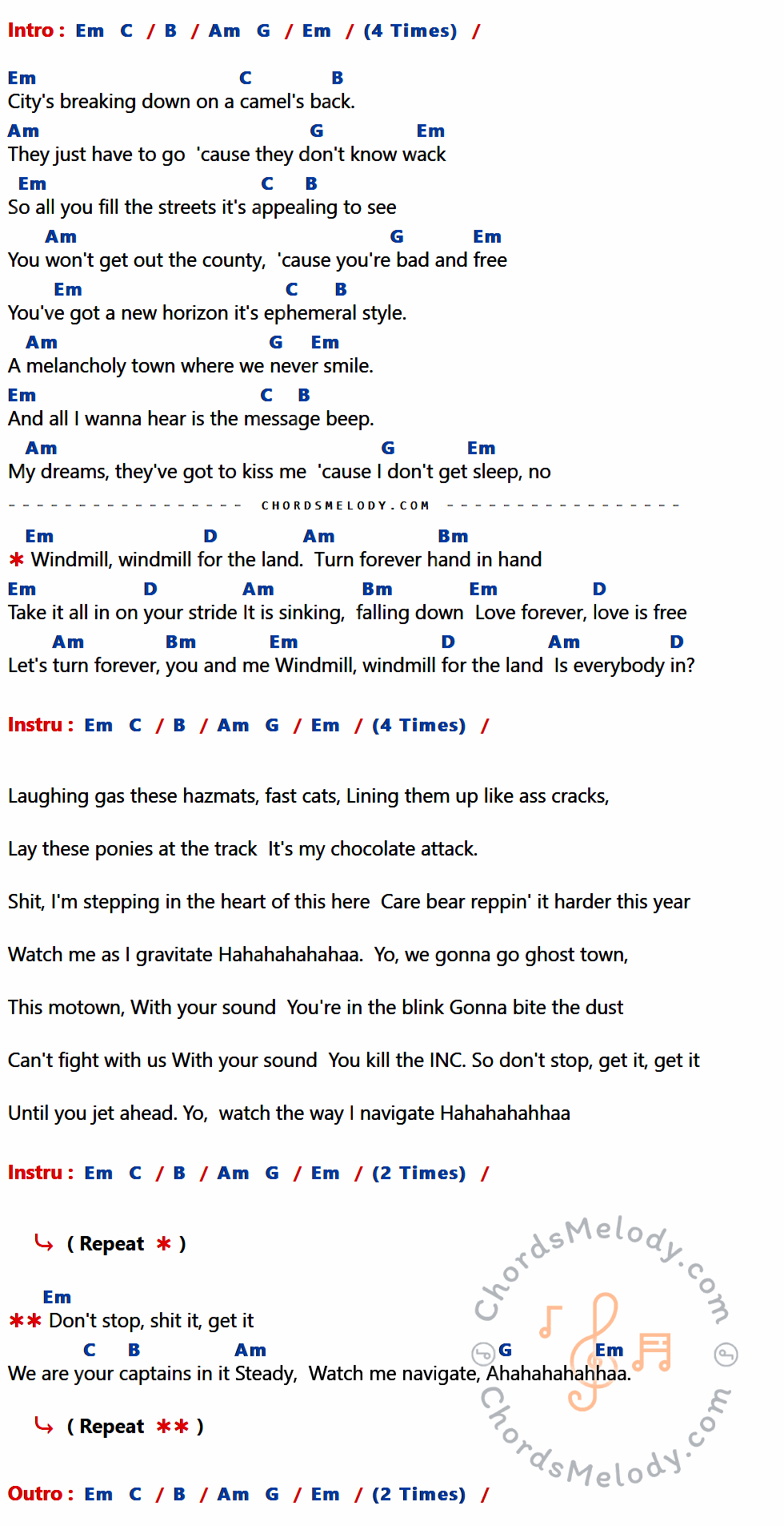 เนื้อเพลง Feel Good Inc. ของ Gorillaz ที่มีคอร์ด ในกลุ่มคีย์ Em,C,B,Am,G,D,Bm ประกอบ