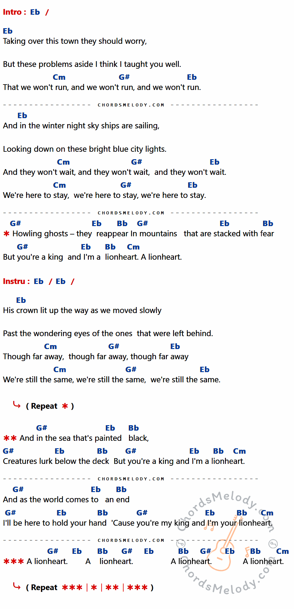 เนื้อเพลง King And Lionheart ของ Of Monsters and Men ที่มีคอร์ด ในกลุ่มคีย์ Eb,Cm,G#,Bb ประกอบ