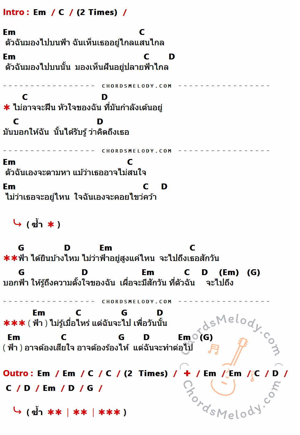 เนื้อเพลง ฟ้า ของ ปลื้ม ที่มีคอร์ดกีต้าร์ Em,C,D,G