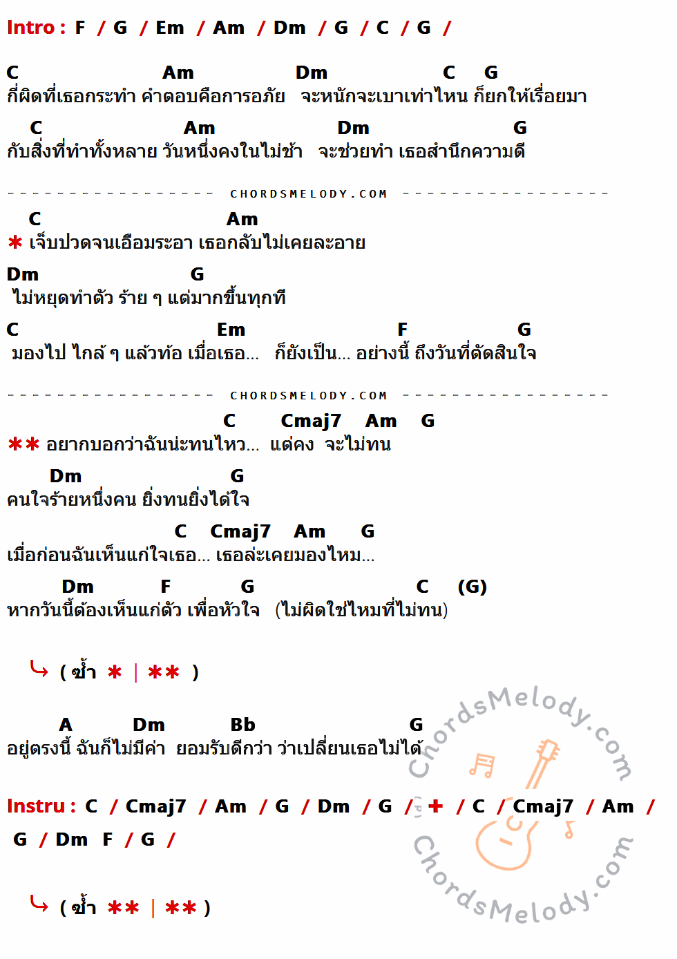 เนื้อเพลง ทนไหว แต่ไม่ทน ของ ปาน ธนพร แวกประยูร ที่มีคอร์ดกีต้าร์ F,G,Em,Am,Dm,C,Cmaj7,A,Bb