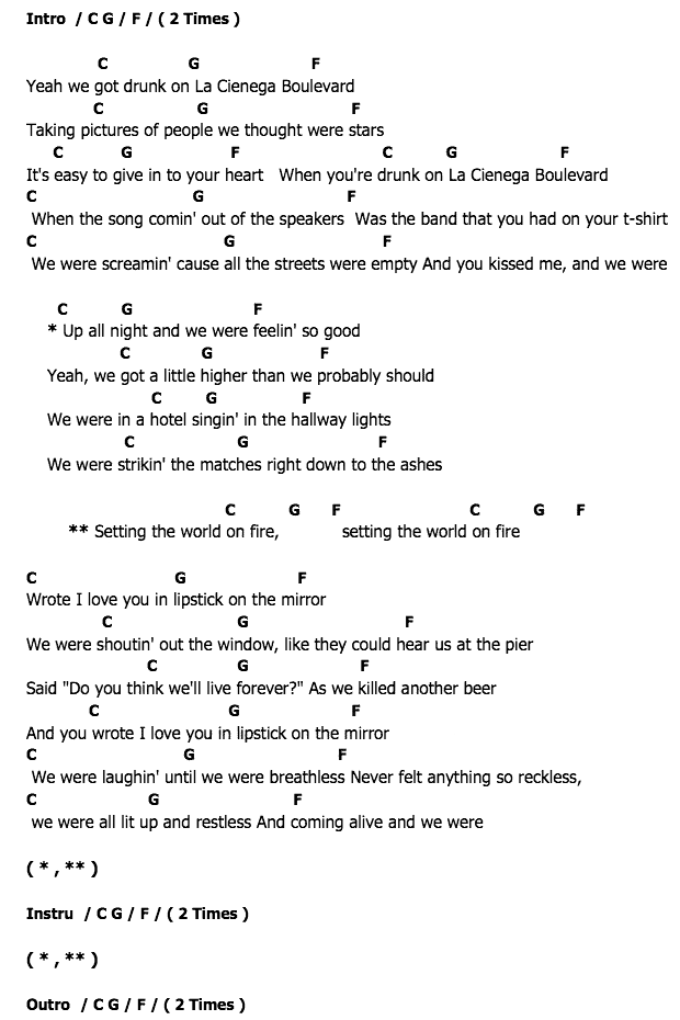 คอร์ดเพลง เนื้อเพลง Setting the World On Fire, คอร์ดเพลง Setting the World On Fire ของ Kenny Chesney, คอร์ดเพลงของ Kenny Chesney, เนื้อร้อง Setting the World On Fire Kenny Chesney, Setting the World On Fire คอร์ดง่าย ๆ, คอร์ด Setting the World On Fire ต้นฉบับ