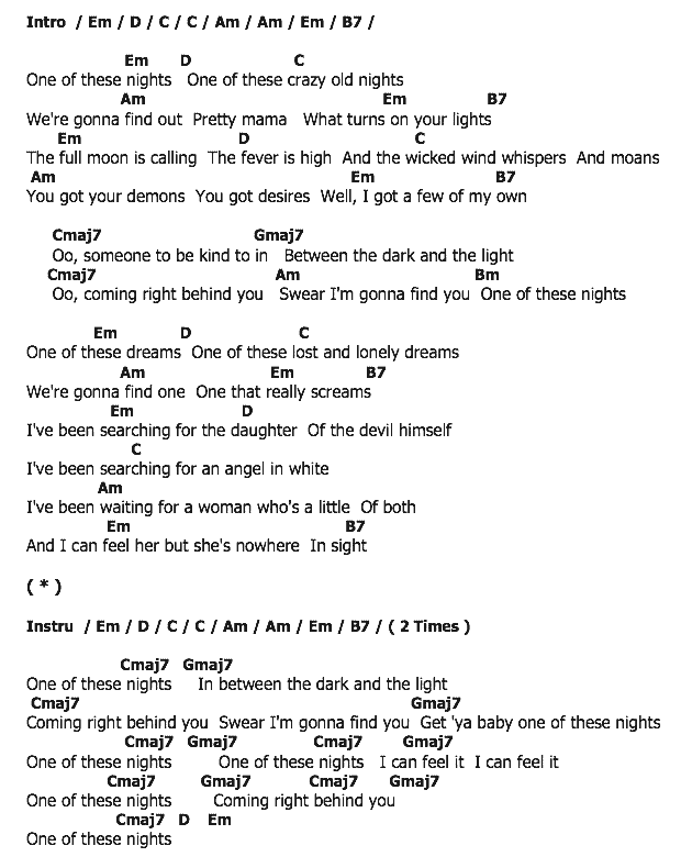 คอร์ดเพลง เนื้อเพลง One of these nights, คอร์ดเพลง One of these nights ของ Eagles, คอร์ดเพลงของ Eagles, เนื้อร้อง One of these nights Eagles, One of these nights คอร์ดง่าย ๆ, คอร์ด One of these nights ต้นฉบับ
