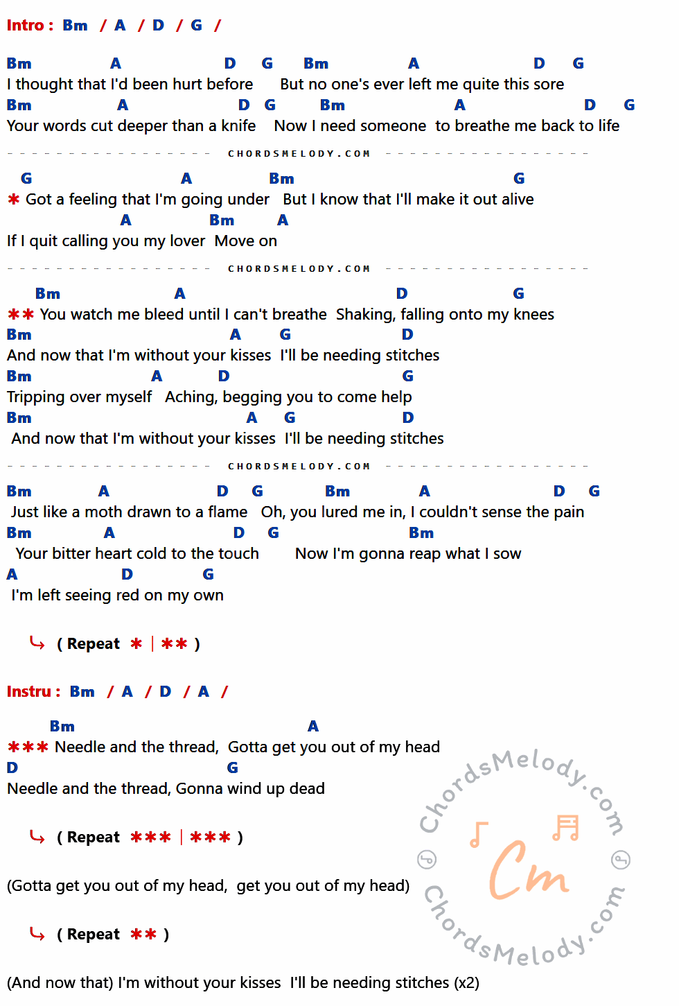 เนื้อเพลง Stitches ของ Shawn Mendes ที่มีคอร์ด ในกลุ่มคีย์ Bm,A,D,G ประกอบ
