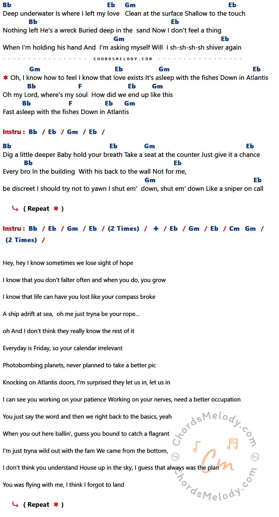 เนื้อเพลง Atlantis ของ Bridgit Mendler Feat.Kaiydo ที่มีคอร์ด ในกลุ่มคีย์ Bb,Eb,Gm,F,Cm ประกอบ