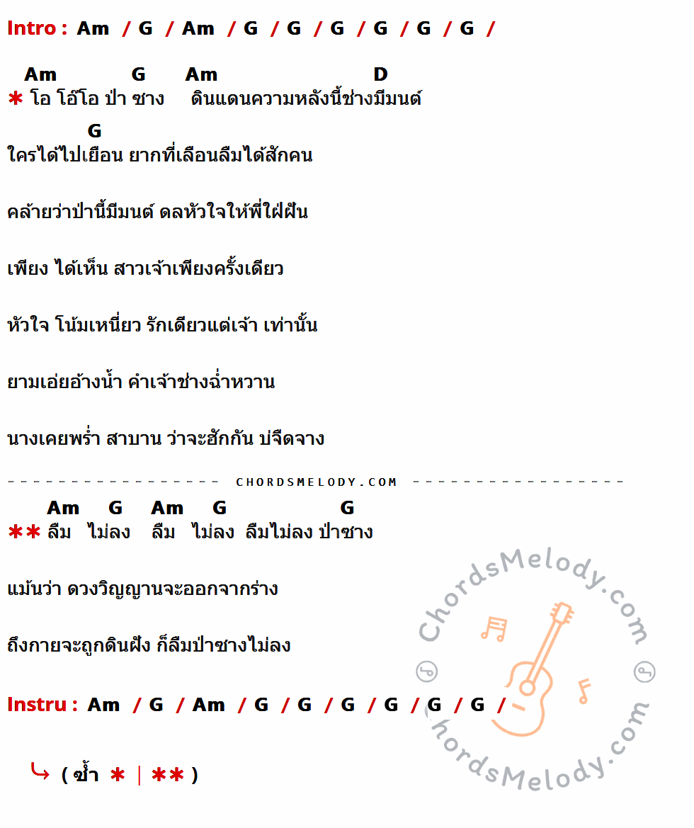 เนื้อเพลง ป่าซาง ของ สุรพล สมบัติเจริญ ที่มีคอร์ดกีต้าร์ Am,G,D