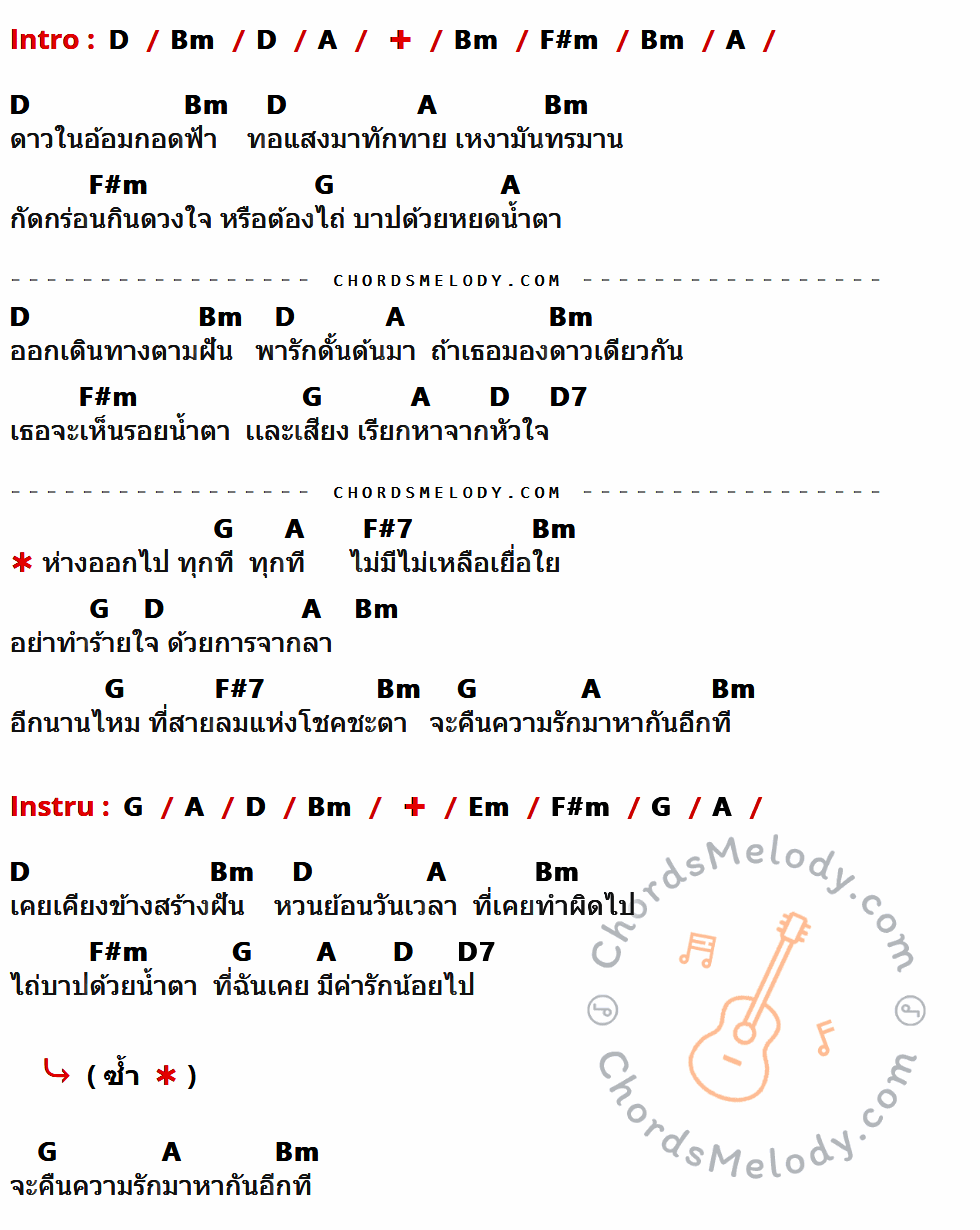 เนื้อเพลง ไถ่บาปด้วยน้ำตา ของ เดชา สุวรรณโข ที่มีคอร์ด ในกลุ่มคีย์ D,Bm,A,F#m,G,D7,F#7,Em ประกอบ