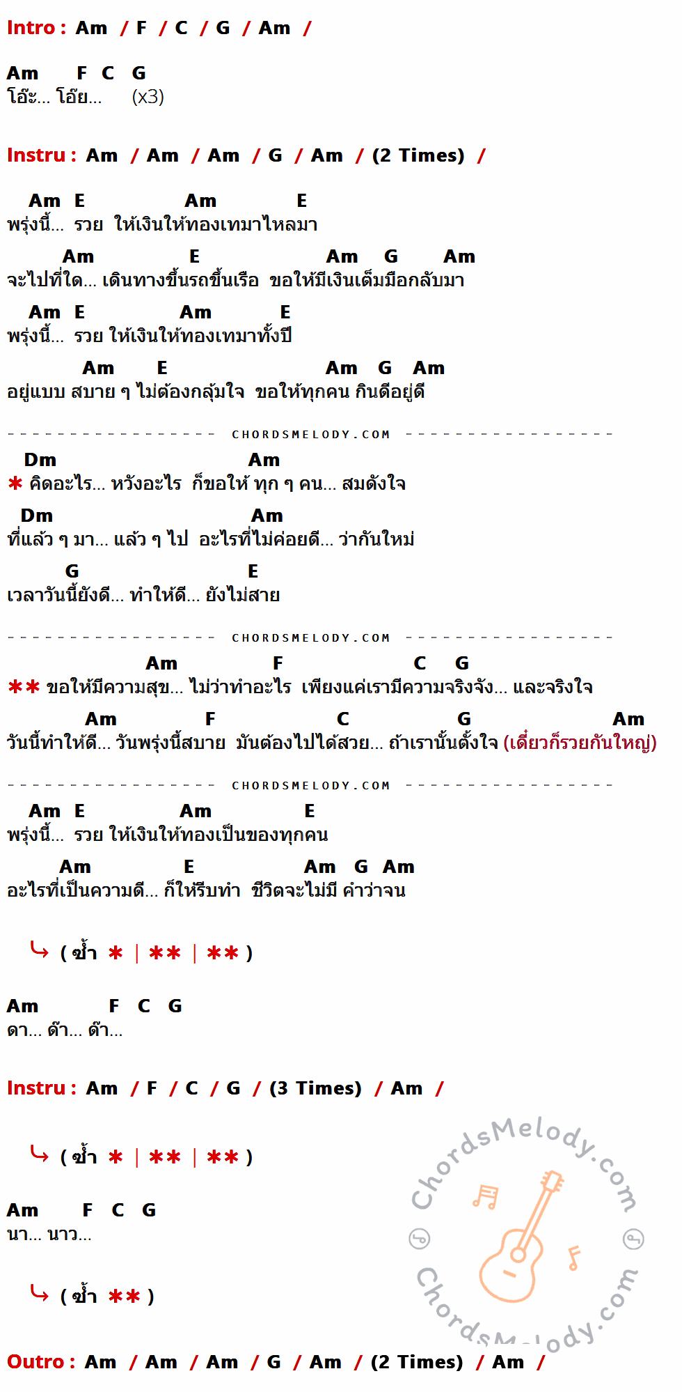 เนื้อเพลง พรุ่งนี้รวย ของ Labanoon ที่มีคอร์ดกีต้าร์ Am,F,C,G,E,Dm