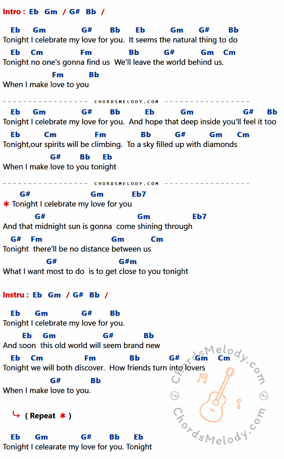 เนื้อเพลง Tonight, I Celebrate My Love ของ Peabo Bryson-Roberta Flack ที่มีคอร์ด ในกลุ่มคีย์ Eb,Gm,G#,Bb,Cm,Fm,Eb7,G#m ประกอบ