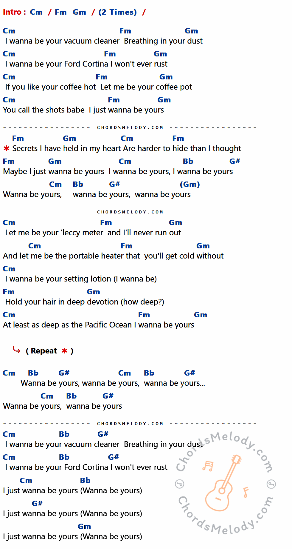 เนื้อเพลง I Wanna Be Yours ของ Arctic Monkeys ที่มีคอร์ดกีต้าร์ Cm,Fm,Gm,Bb,G#