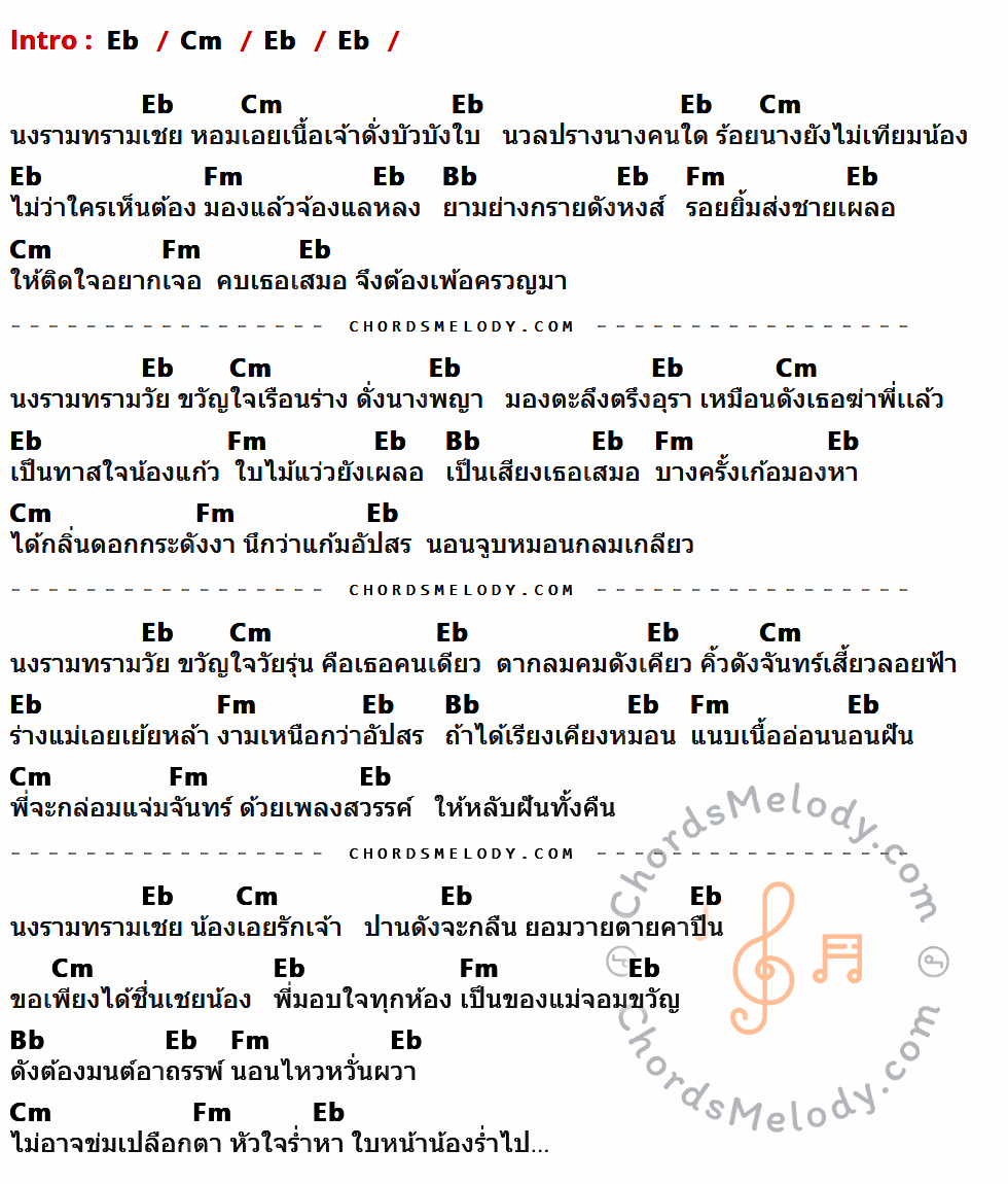 เนื้อเพลง ขวัญใจวัยรุ่น ของ ชาย เมืองสิงห์ ที่มีคอร์ด ในกลุ่มคีย์ Eb,Cm,Fm,Bb ประกอบ