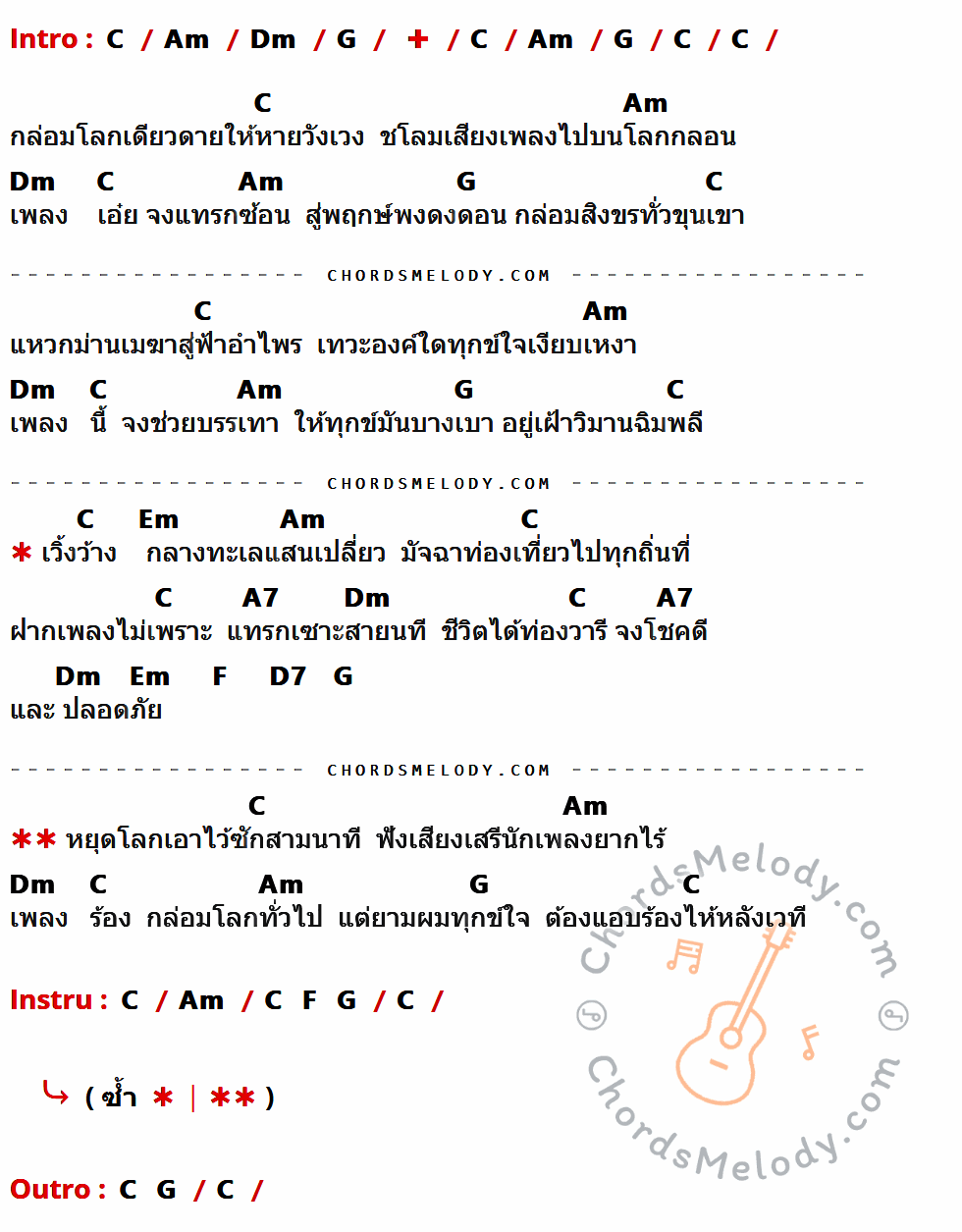 เนื้อเพลง คนกล่อมโลก ของ เสรี รุ่งสว่าง ที่มีคอร์ดกีต้าร์ C,Am,Dm,G,Em,A7,F,D7