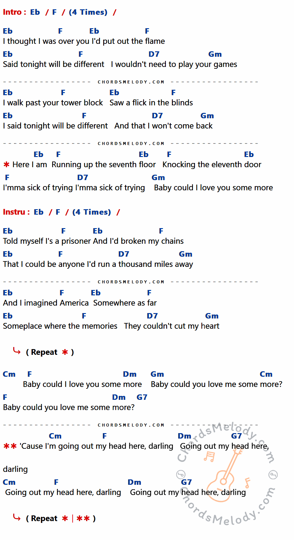 เนื้อเพลง Here I Am ของ Tom Odell ที่มีคอร์ด ในกลุ่มคีย์ Eb,F,D7,Gm,Cm,Dm,G7 ประกอบ