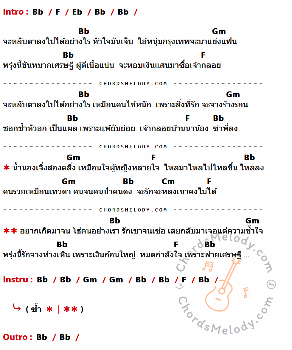 เนื้อเพลง ขันหมากเศรษฐี ของ เสกศักดิ์ พู่กันทอง ที่มีคอร์ดกีต้าร์ Bb,F,Eb,Gm,Cm