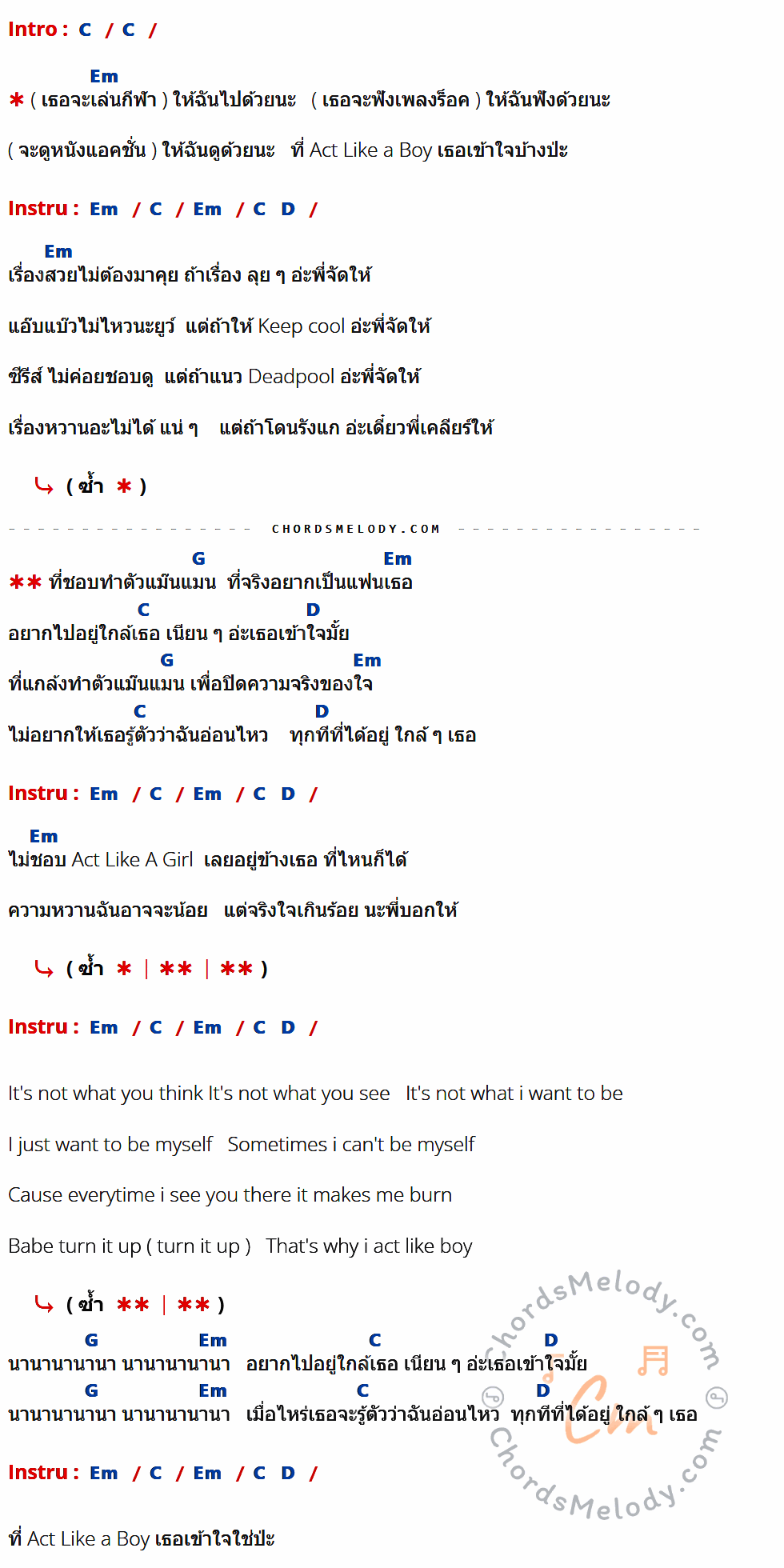 เนื้อเพลง เข้าใจป่ะ ของ แองจี้ ที่มีคอร์ดกีต้าร์ C,Em,D,G