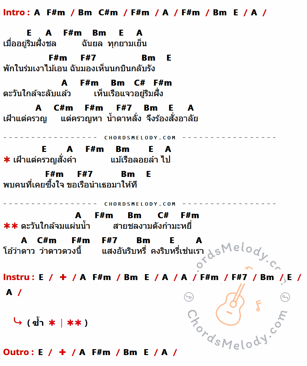 เนื้อเพลง ครวญ ของ ซิกเซ้นต์ ที่มีคอร์ดกีต้าร์ A,F#m,Bm,C#m,E,F#7,C#