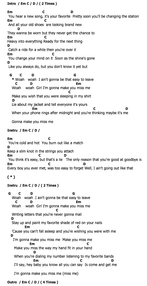 คอร์ดเพลง เนื้อเพลง Make You Miss Me, คอร์ดเพลง Make You Miss Me ของ Sam Hunt, คอร์ดเพลงของ Sam Hunt, เนื้อร้อง Make You Miss Me Sam Hunt, Make You Miss Me คอร์ดง่าย ๆ, คอร์ด Make You Miss Me ต้นฉบับ