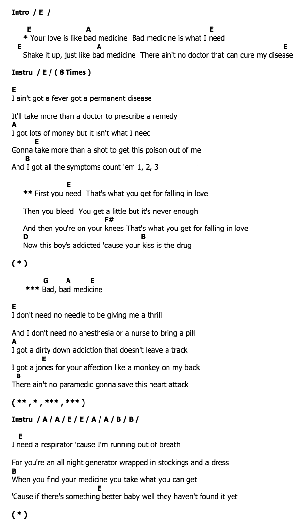 คอร์ดเพลง เนื้อเพลง Bad Medicine, คอร์ดเพลง Bad Medicine ของ BON JOVI, คอร์ดเพลงของ BON JOVI, เนื้อร้อง Bad Medicine BON JOVI, Bad Medicine คอร์ดง่าย ๆ, คอร์ด Bad Medicine ต้นฉบับ