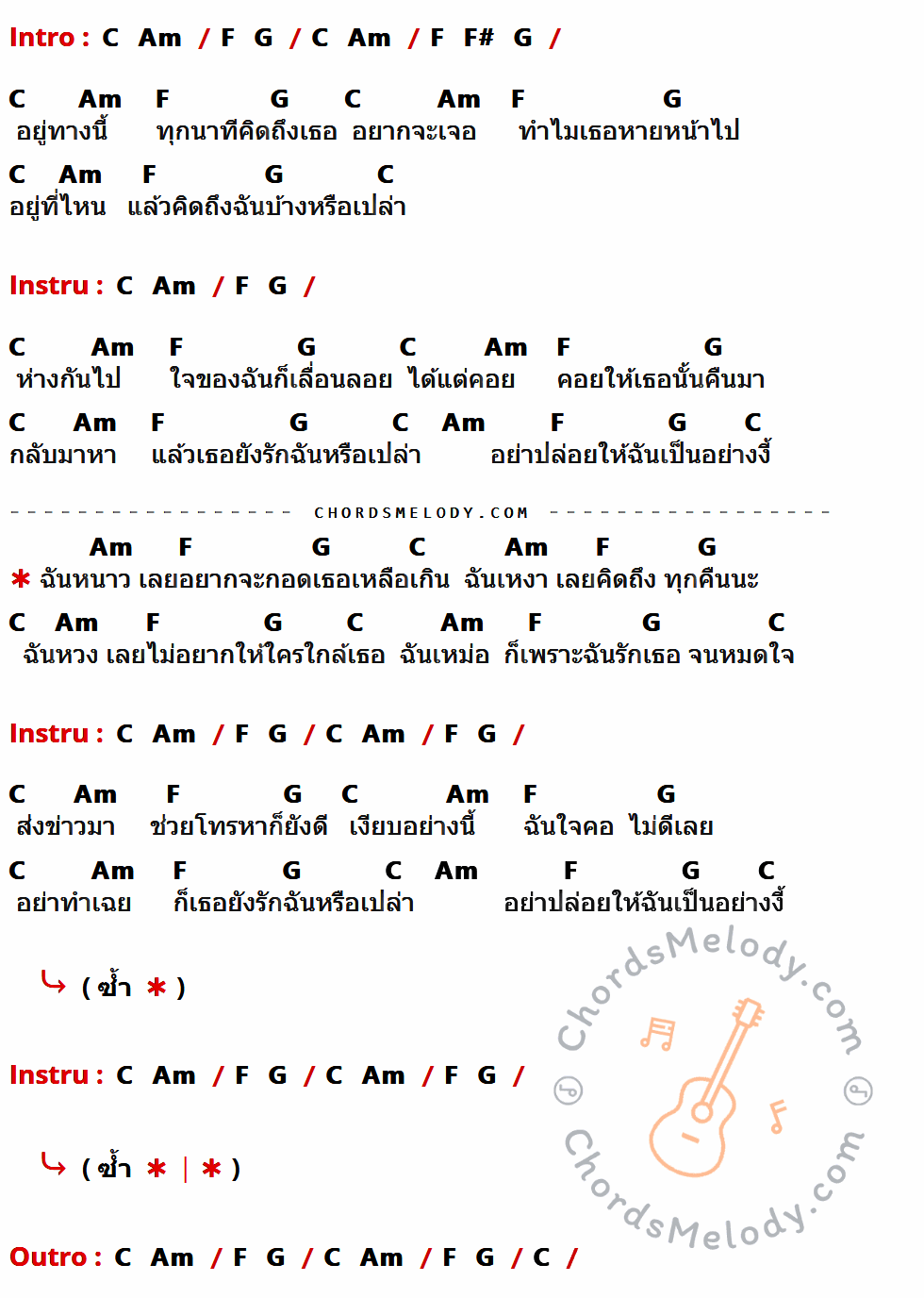 เนื้อเพลง หนาว เหงา หวง เหม่อ ของ ไอน้ำ ที่มีคอร์ด ในกลุ่มคีย์ C,Am,F,G,F# ประกอบ