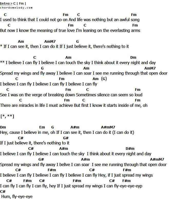 คอร์ดเพลง เนื้อเพลง I Believe I Can Fly, คอร์ดเพลง I Believe I Can Fly ของ R. Kelly, คอร์ดเพลงของ R. Kelly, เนื้อร้อง I Believe I Can Fly R. Kelly, I Believe I Can Fly คอร์ดง่าย ๆ, คอร์ด I Believe I Can Fly ต้นฉบับ