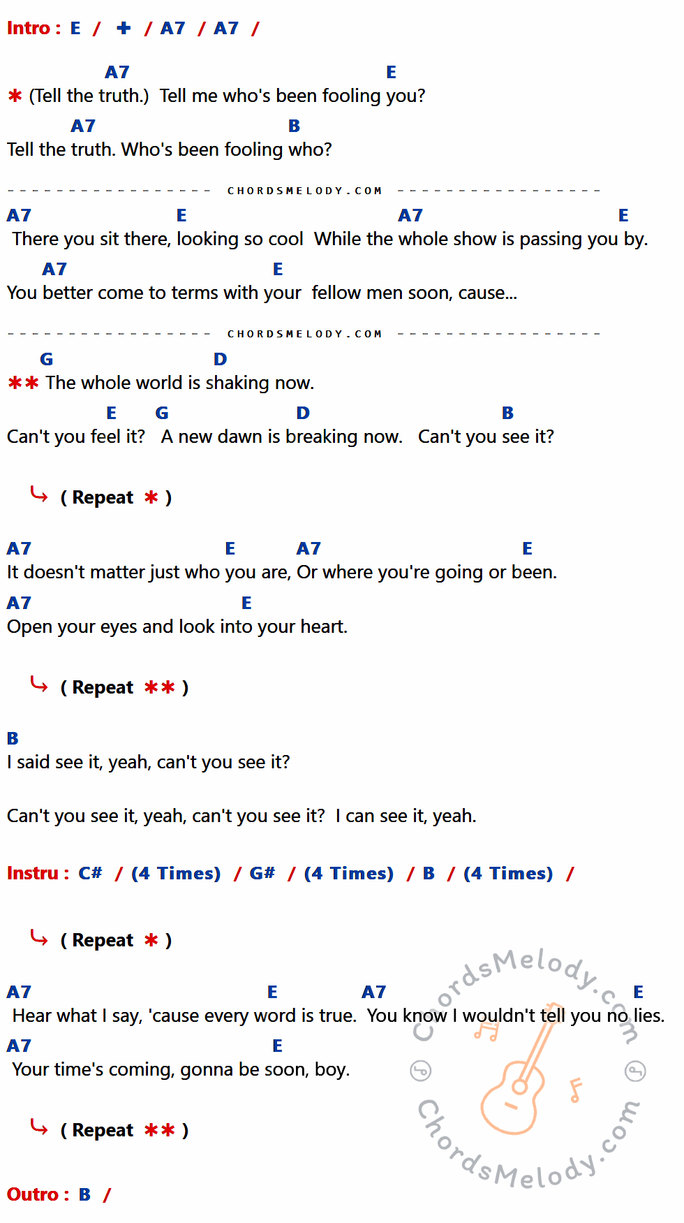 เนื้อเพลง Tell the Truth ของ Eric Clapton ที่มีคอร์ดกีต้าร์ E,A7,B,G,D,C#,G#