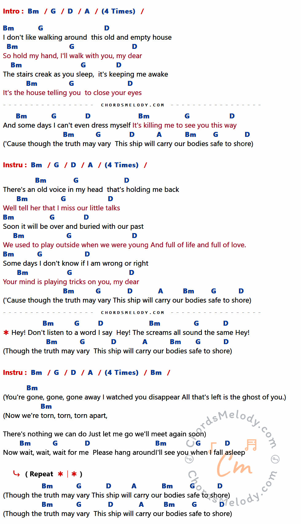 เนื้อเพลง Little Talks ของ Of Monsters and Men ที่มีคอร์ดกีต้าร์ Bm,G,D,A