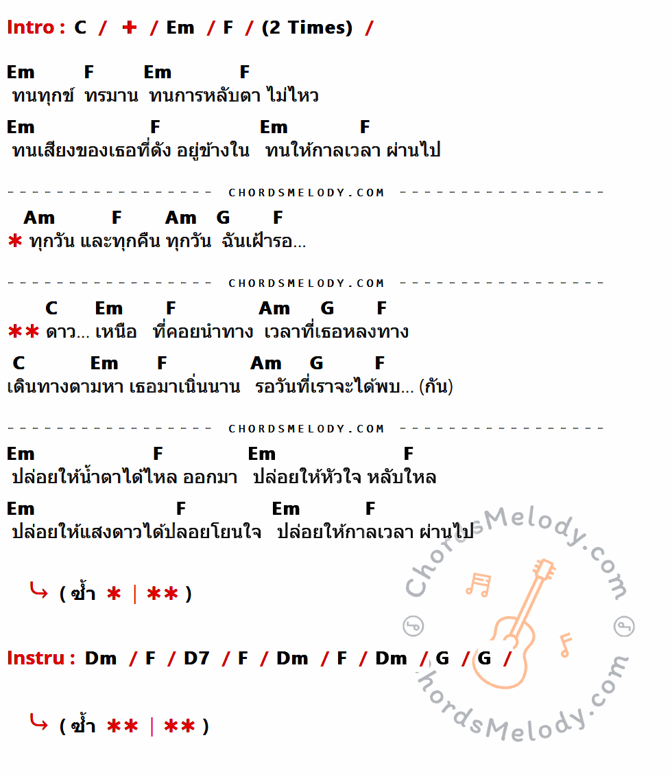 เนื้อเพลง ดาวเหนือ ของ Laika ที่มีคอร์ด ในกลุ่มคีย์ C,Em,F,Am,G,Dm,D7 ประกอบ