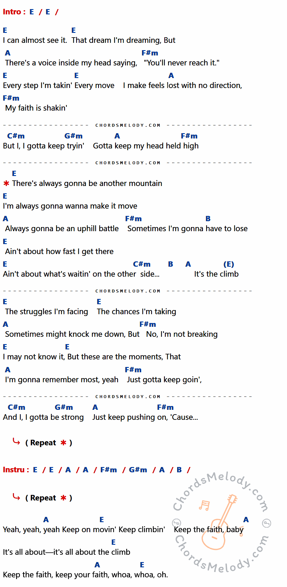 เนื้อเพลง The Climb ของ MILEY CYRUS ที่มีคอร์ด ในกลุ่มคีย์ E,A,F#m,C#m,G#m,B ประกอบ