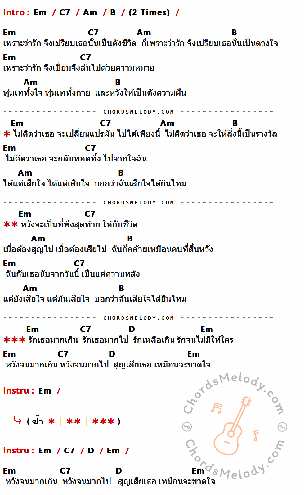 เนื้อเพลง เสียใจได้ยินไหม ของ ใหม่ เจริญปุระ ที่มีคอร์ดกีต้าร์ Em,C7,Am,B,D