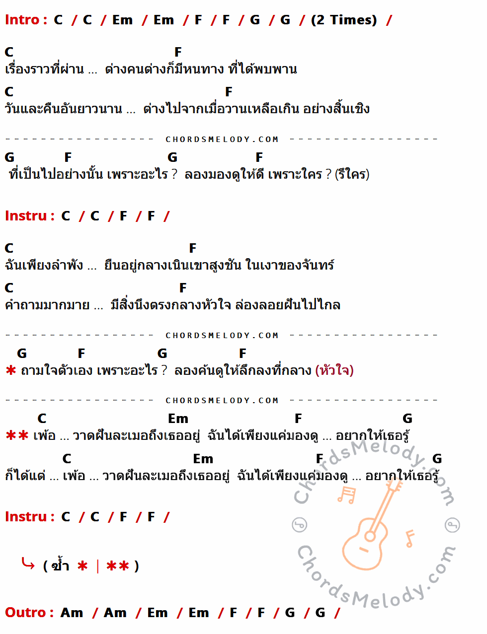 เนื้อเพลง เพ้อ ของ White Noise ที่มีคอร์ดกีต้าร์ C,Em,F,G,Am