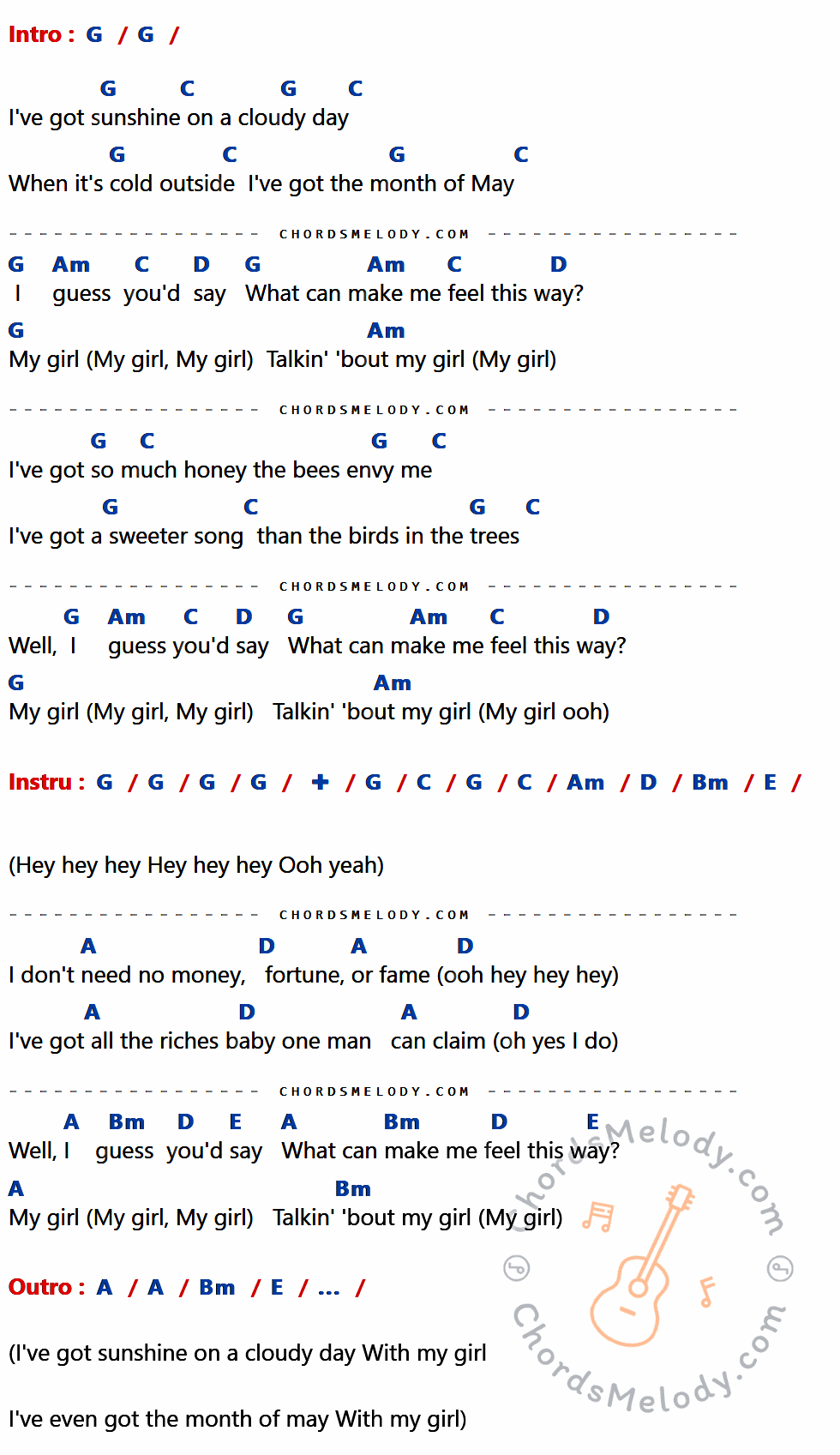 คอร์ดเพลง My Girl - The Temptations เนื้อร้อง มีคอร์ดกีต้าร์ ในกลุ่มคีย์ G,C,Am,D,Bm,E,A กำกับ